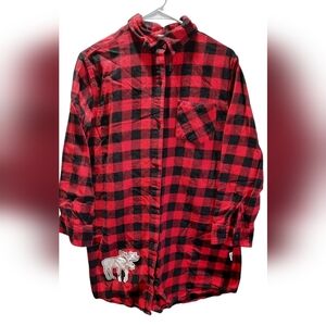 Lazy One Nightshirt Womans S/M Red Plaid Flannel Button Down Comfy Loumgewear